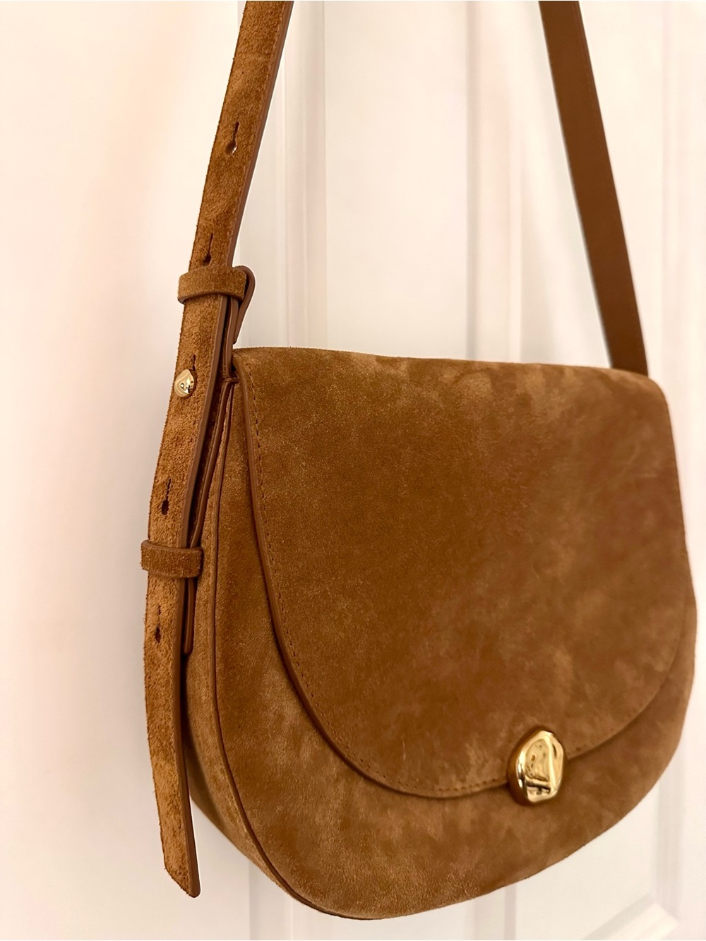 Madewell Tan Suede Saddle Crossbody with Gold-Tone Button